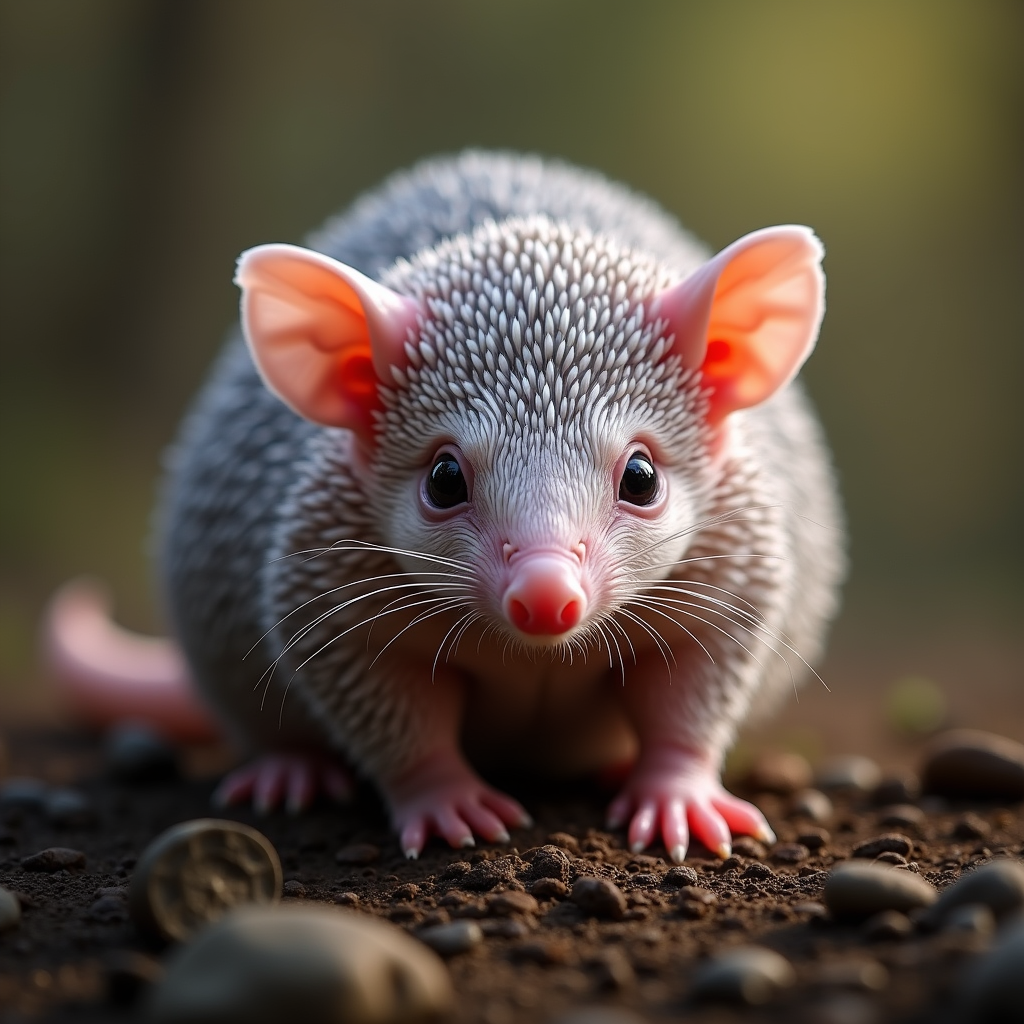 A photorealistic portrait of a Pink Fairy Armadillo in its natural habitat