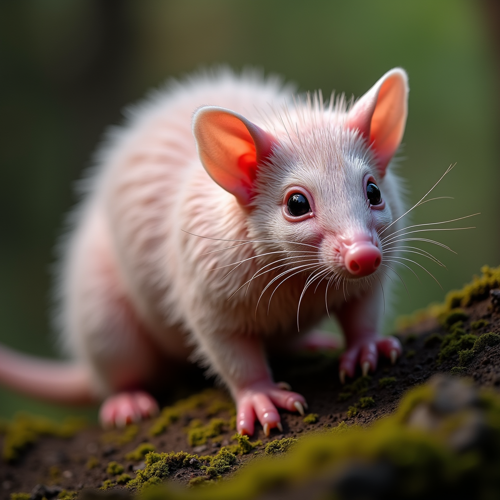 A photorealistic portrait of a Pink Fairy Armadillo in its natural habitat