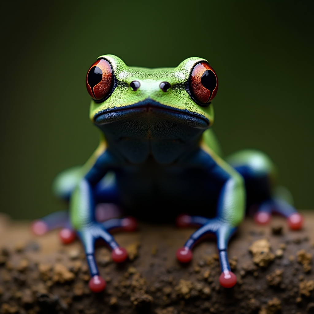 A photorealistic portrait of a Poison Dart Frog in its natural habitat