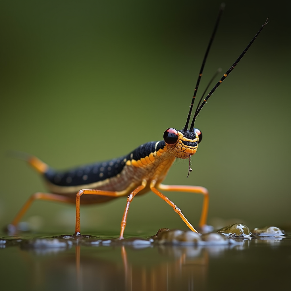 A photorealistic portrait of a Pond Skater in its natural habitat