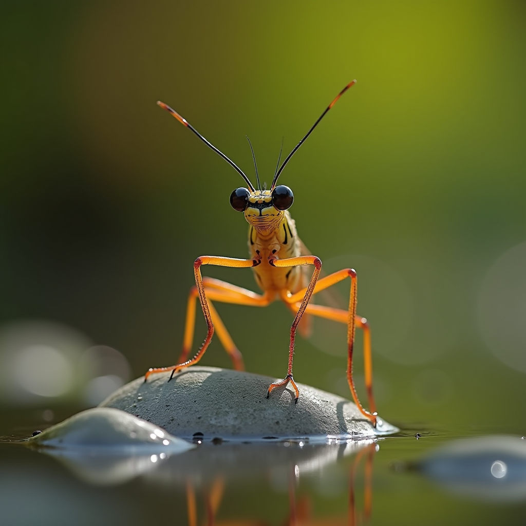 A photorealistic portrait of a Pond Skater in its natural habitat