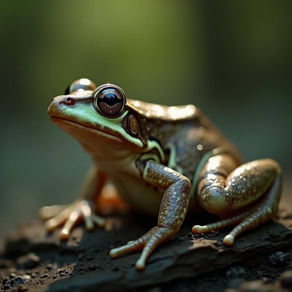 A photorealistic portrait of a Pool Frog in its natural habitat