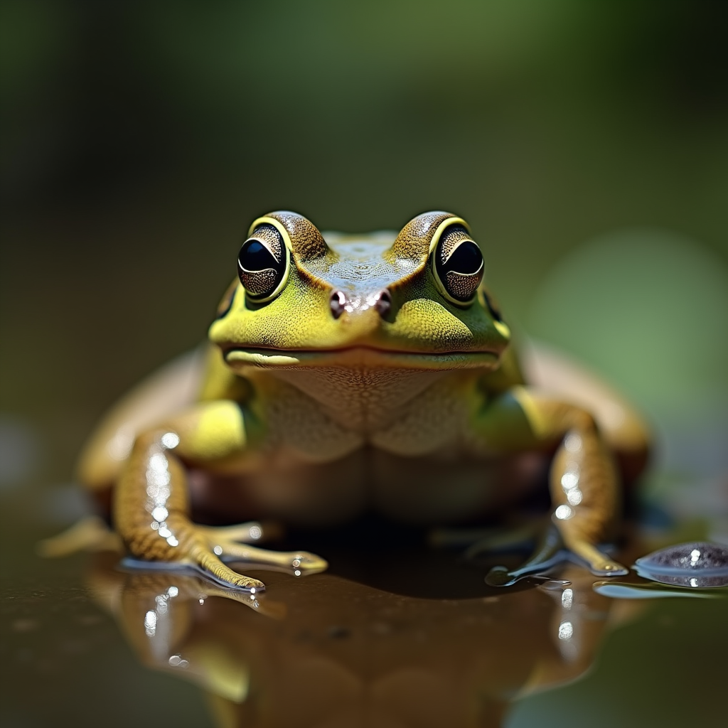 A photorealistic portrait of a Pool Frog in its natural habitat