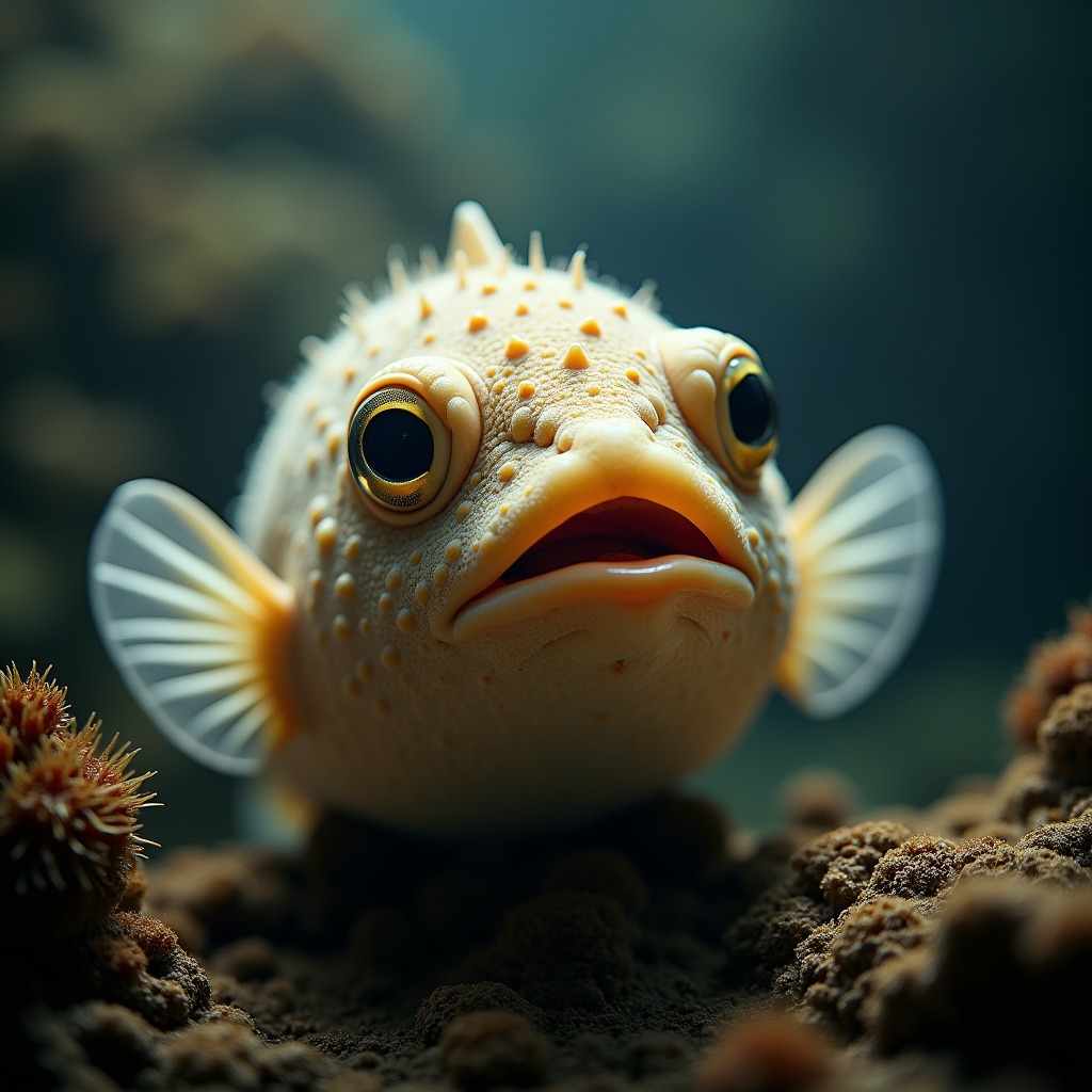 A photorealistic portrait of a Puffer Fish in its natural habitat