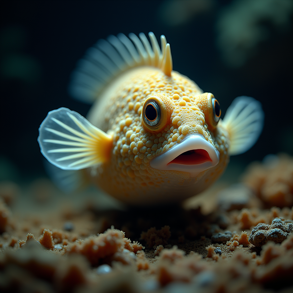 A photorealistic portrait of a Puffer Fish in its natural habitat
