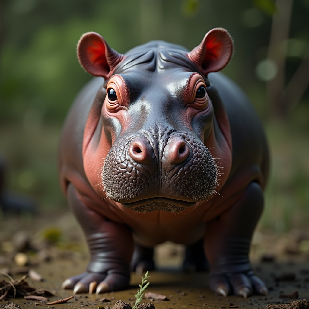 A photorealistic portrait of a Pygmy Hippopotamus in its natural habitat