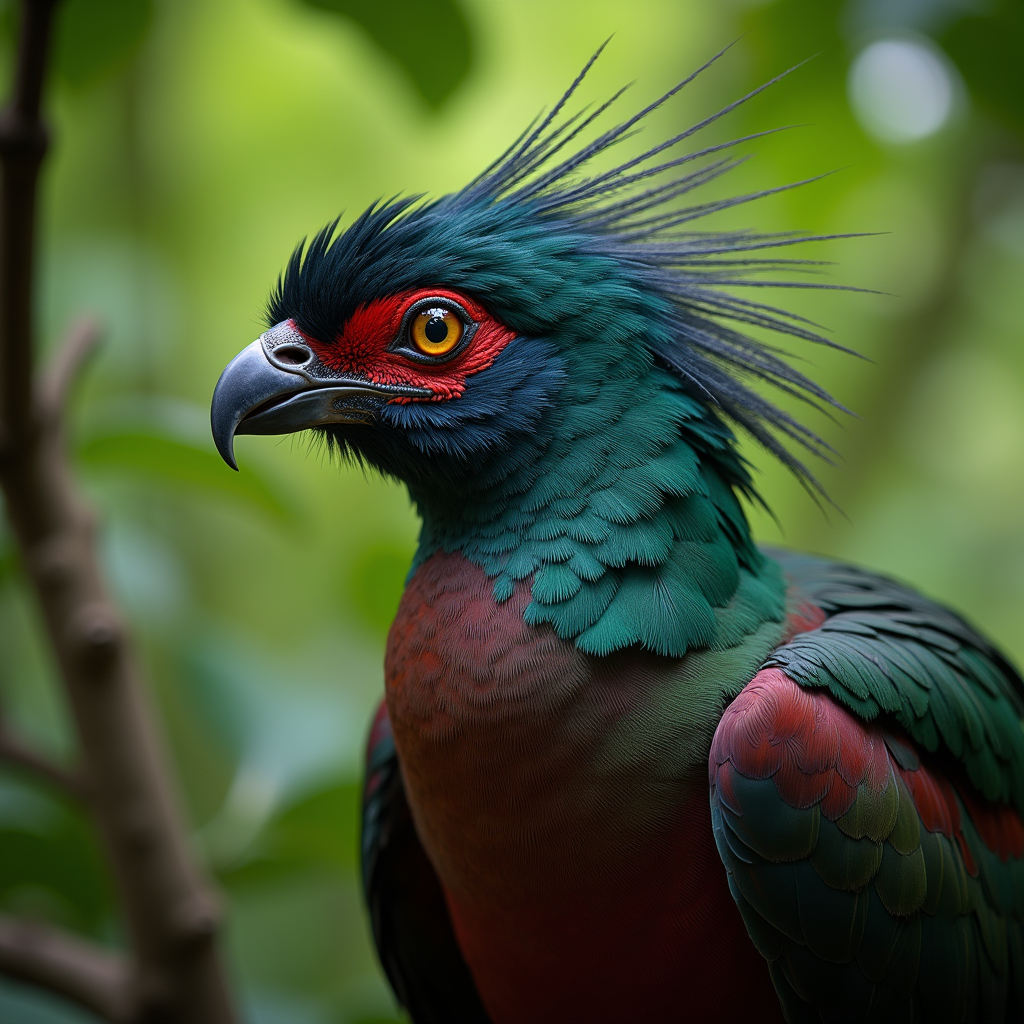 A photorealistic portrait of a Quetzal in its natural habitat