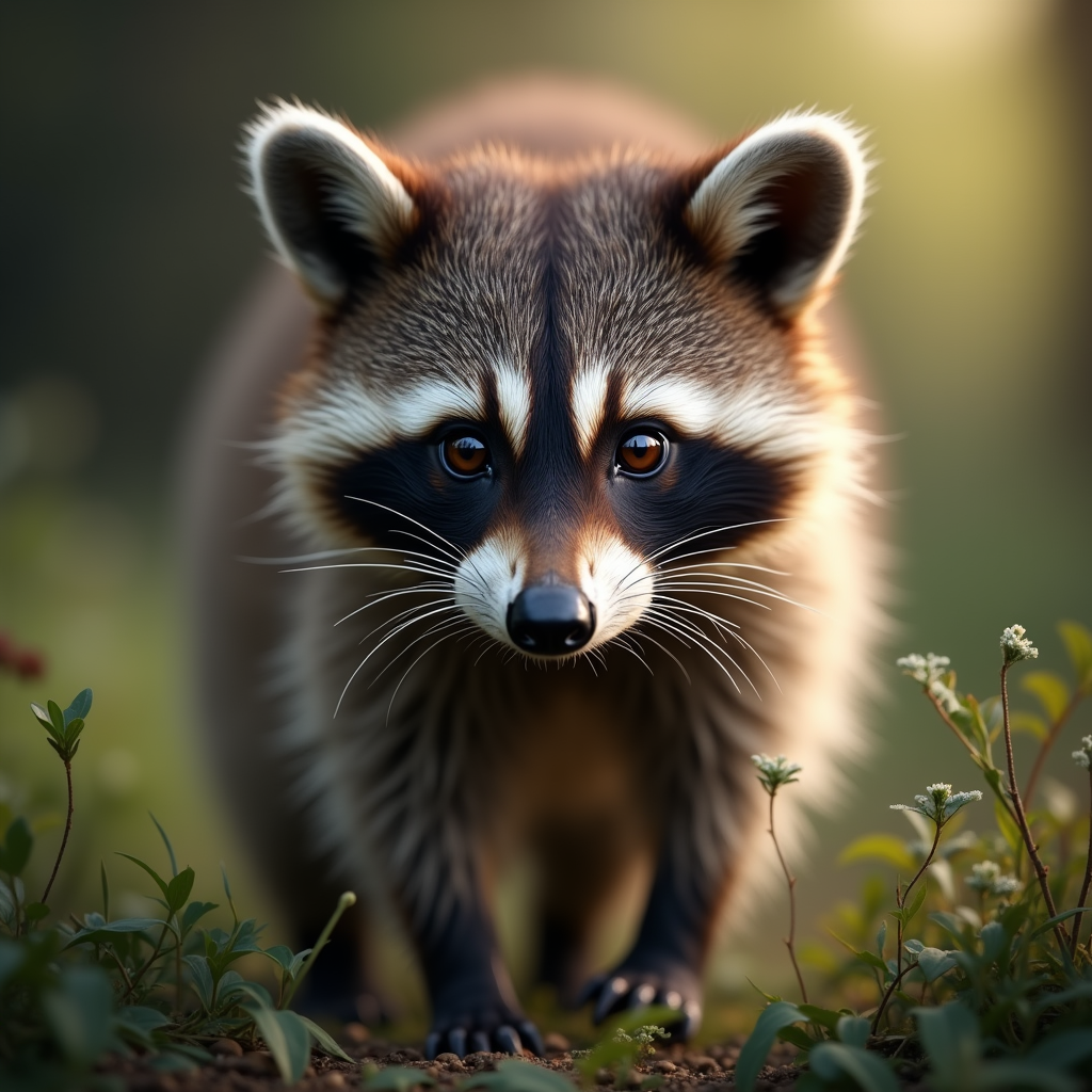 A photorealistic portrait of a Raccoon in its natural habitat
