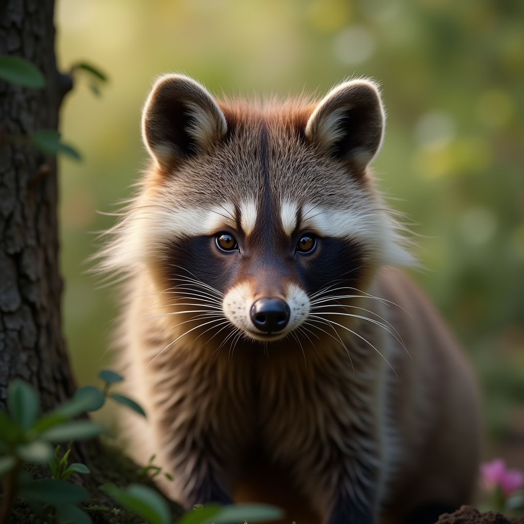 A photorealistic portrait of a Raccoon Dog in its natural habitat