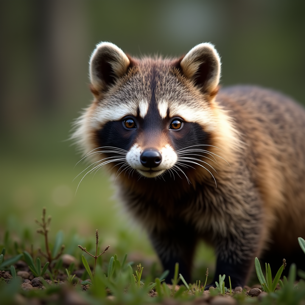 A photorealistic portrait of a Raccoon Dog in its natural habitat