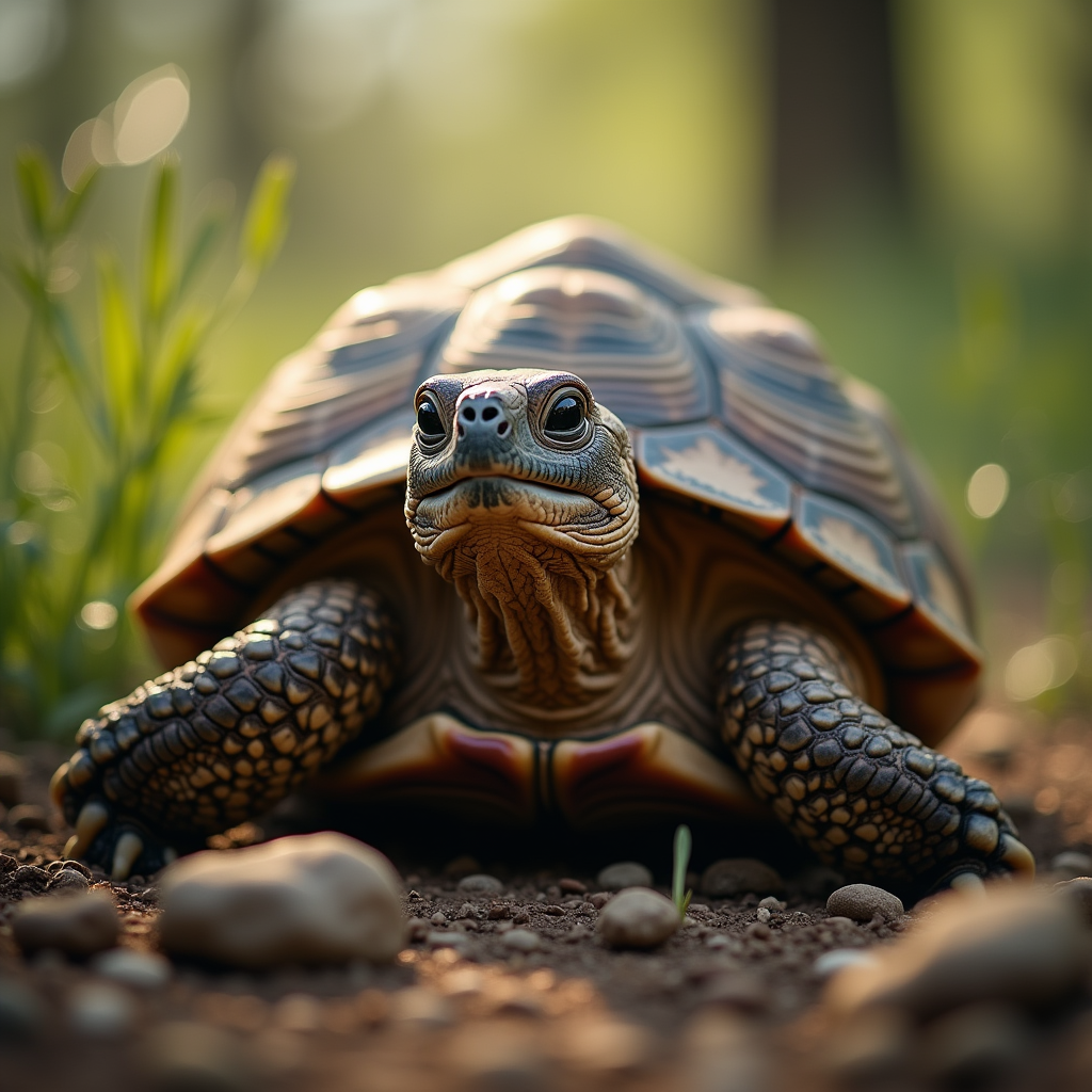 A photorealistic portrait of a Radiated Tortoise in its natural habitat