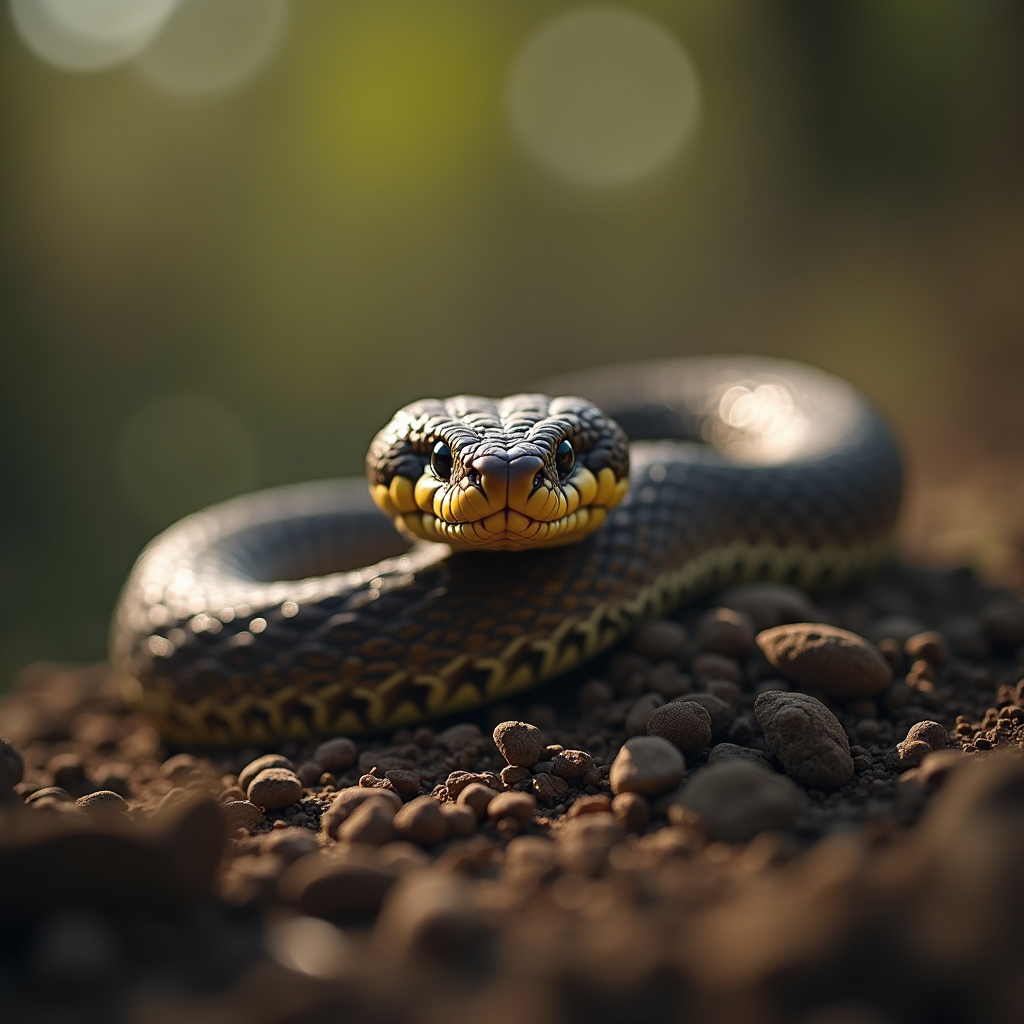 A photorealistic portrait of a Rattlesnake in its natural habitat