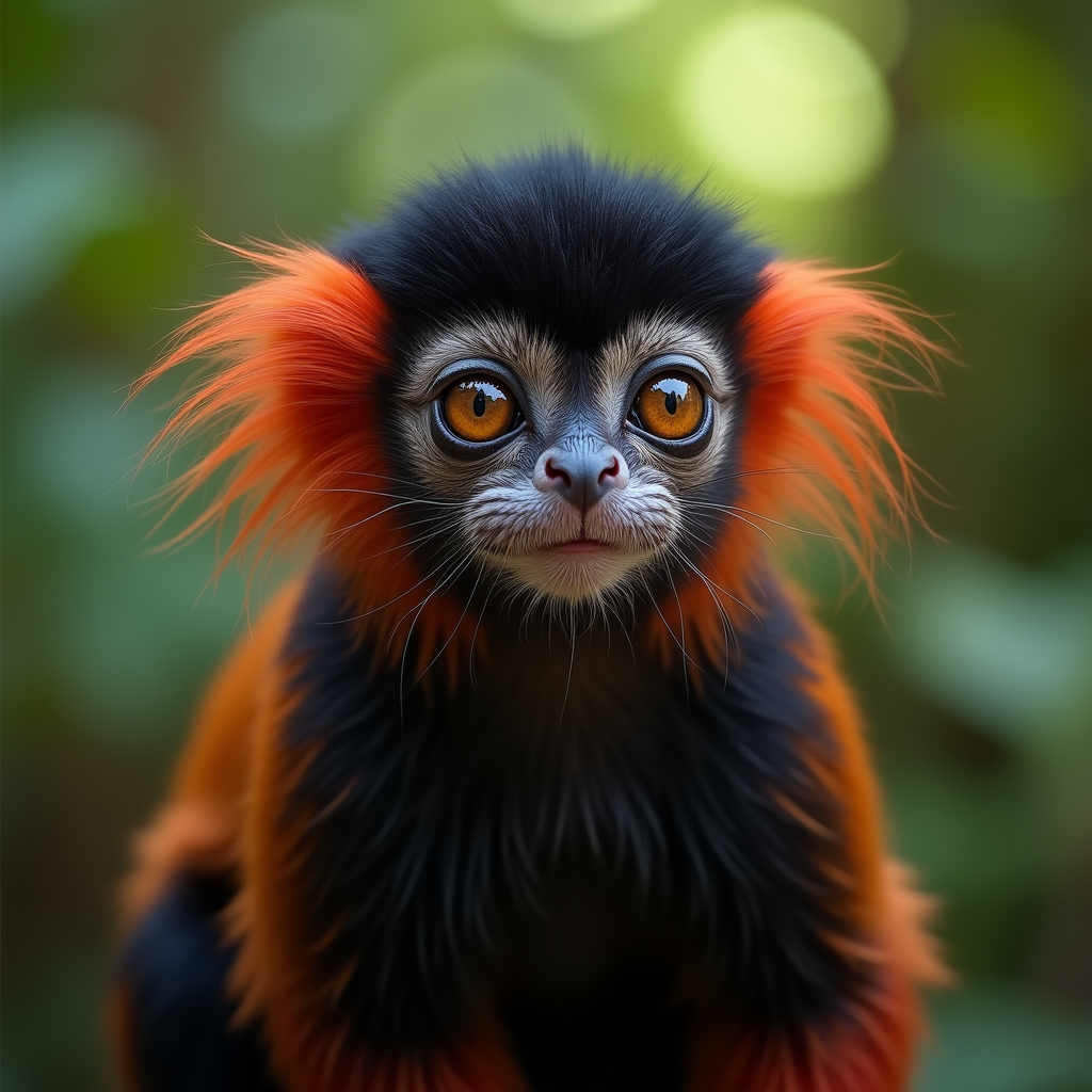 A photorealistic portrait of a Red-handed Tamarin in its natural habitat