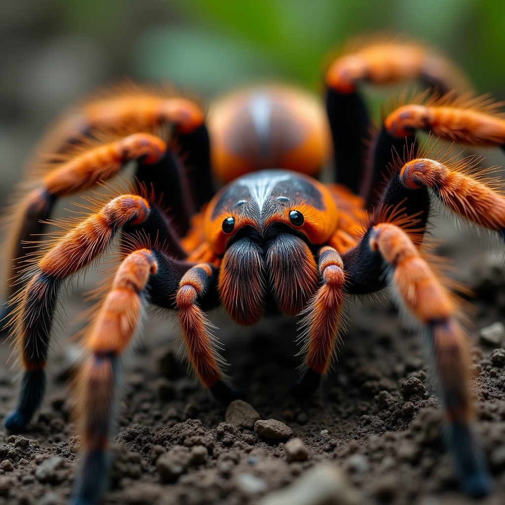 A photorealistic portrait of a Red Knee Tarantula in its natural habitat