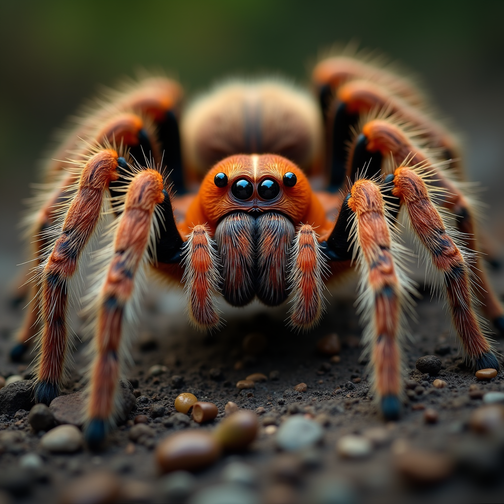 A photorealistic portrait of a Red Knee Tarantula in its natural habitat