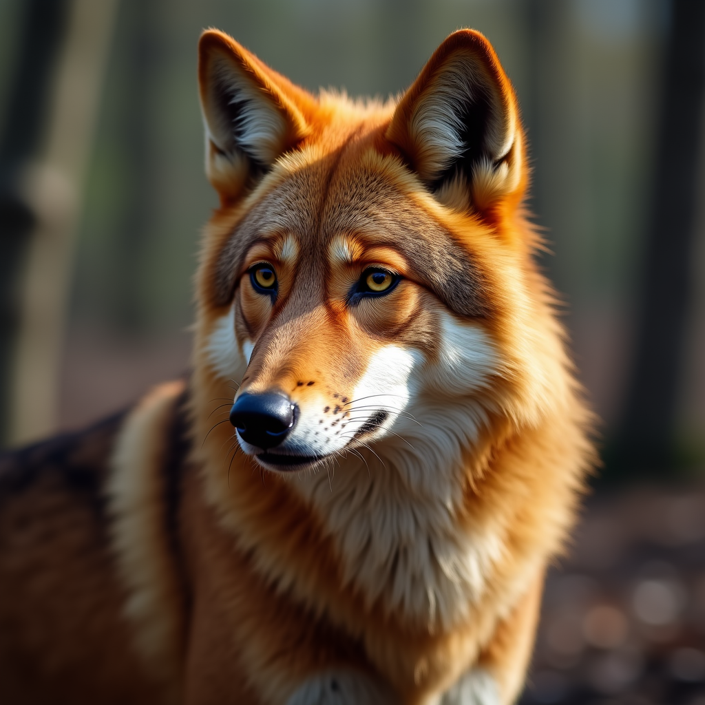 A photorealistic portrait of a Red Wolf in its natural habitat