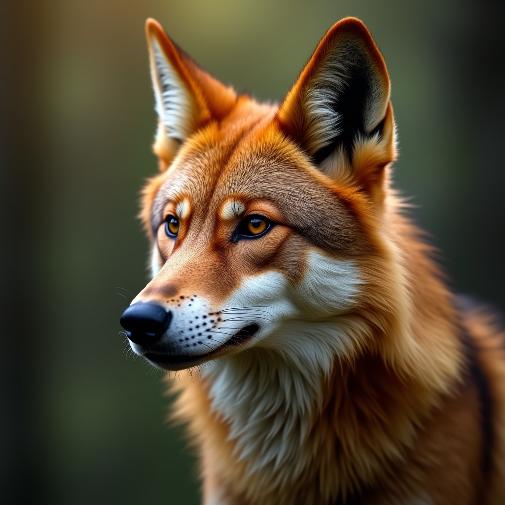 A photorealistic portrait of a Red Wolf in its natural habitat