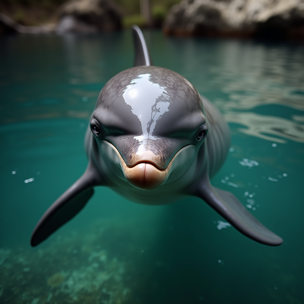 A photorealistic portrait of a River Dolphin in its natural habitat
