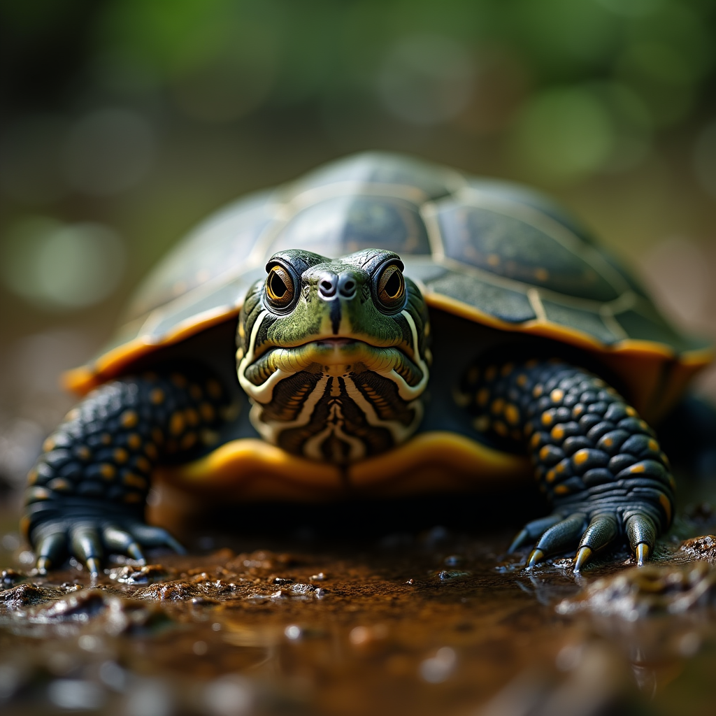 A photorealistic portrait of a River Turtle in its natural habitat