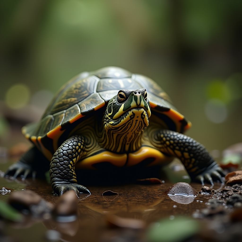 A photorealistic portrait of a River Turtle in its natural habitat