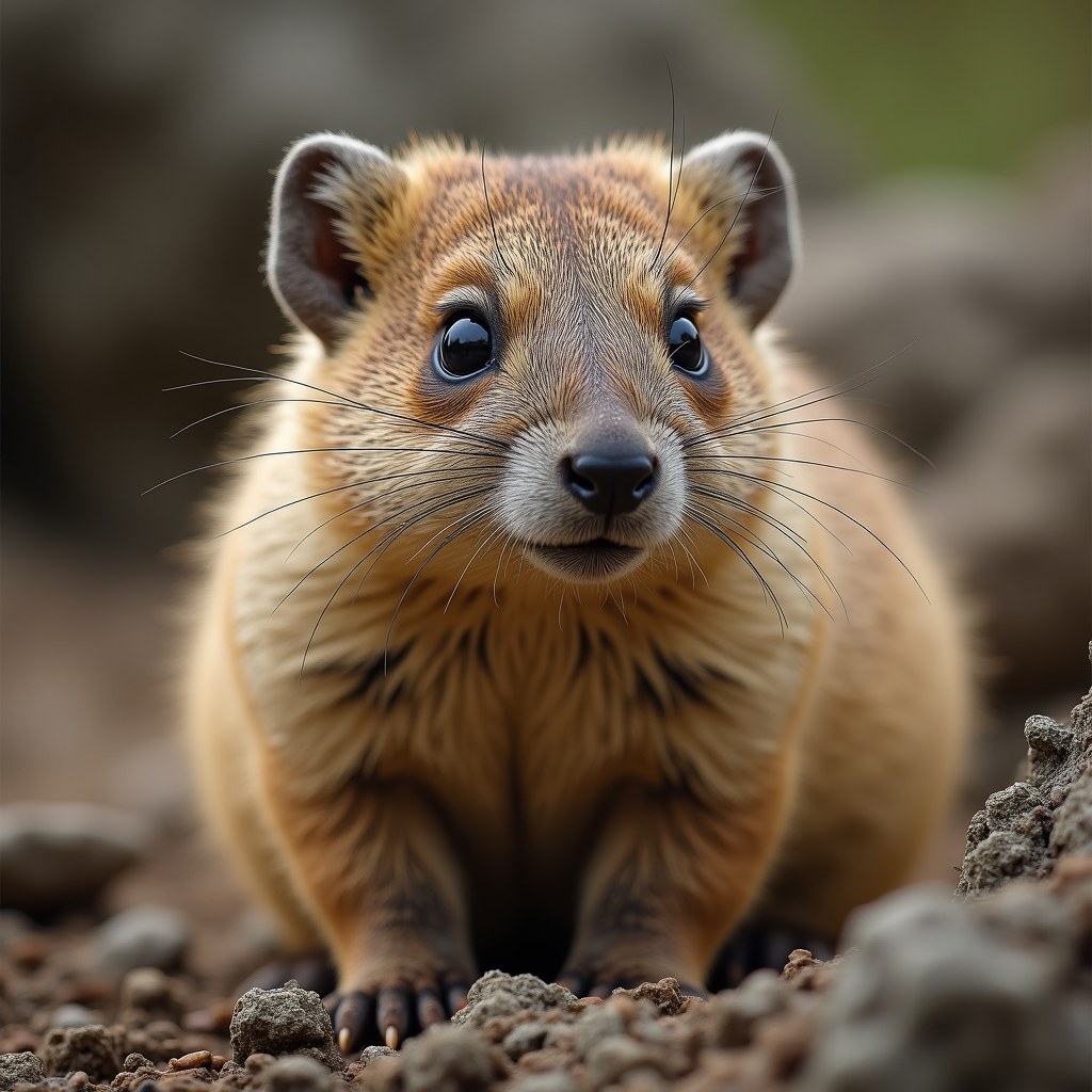 A photorealistic portrait of a Rock Hyrax in its natural habitat