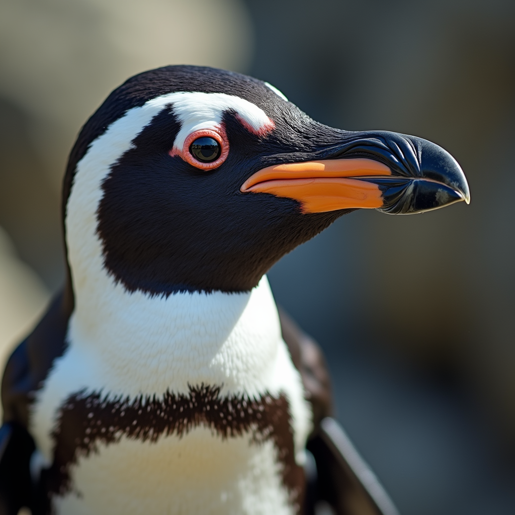 A photorealistic portrait of a Rockhopper Penguin in its natural habitat