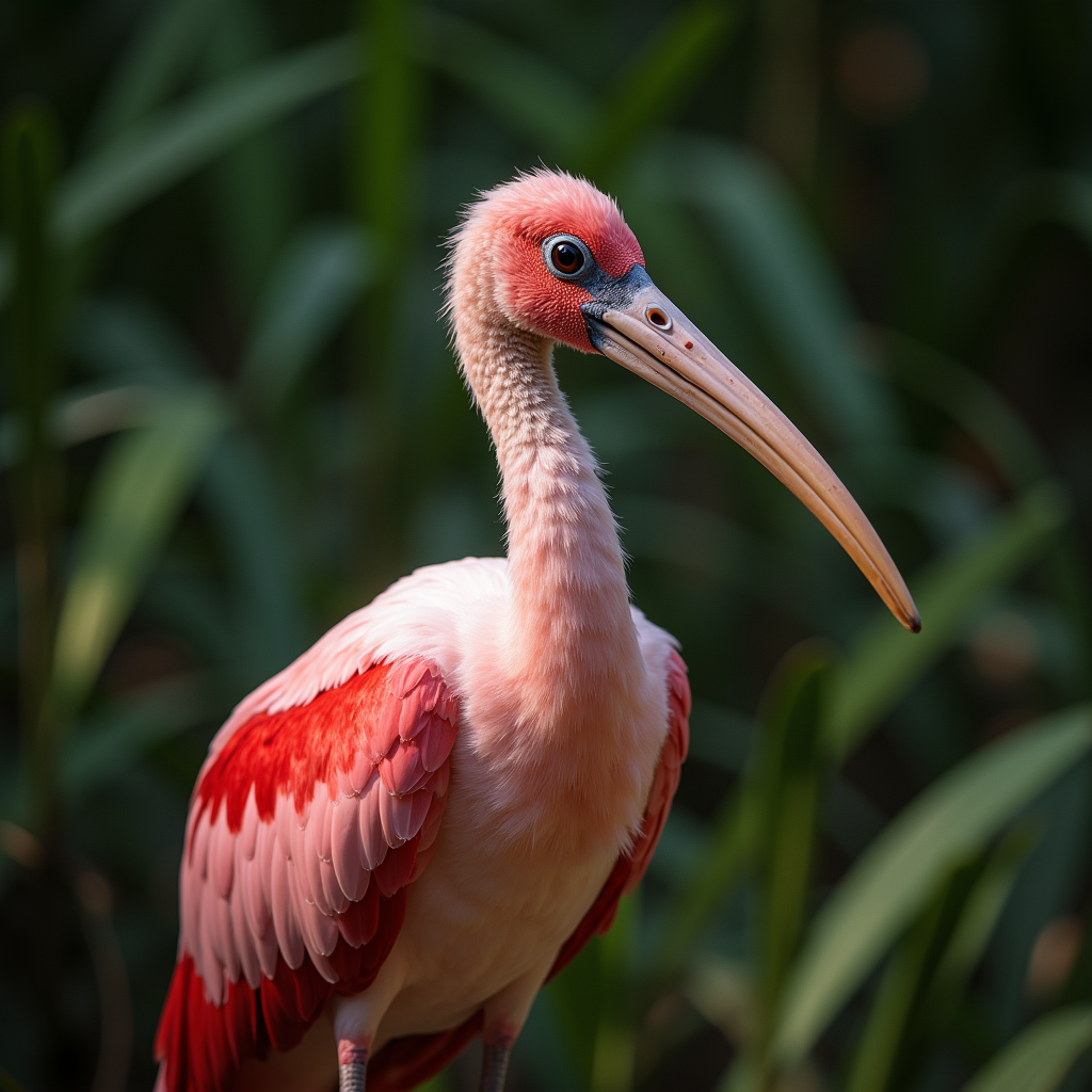 A photorealistic portrait of a Roseate Spoonbill in its natural habitat