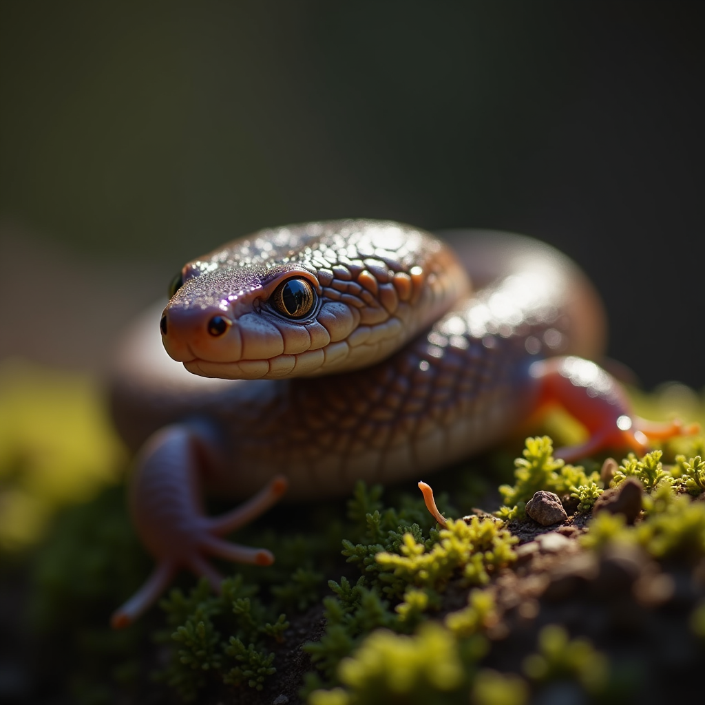 A photorealistic portrait of a Slow Worm in its natural habitat