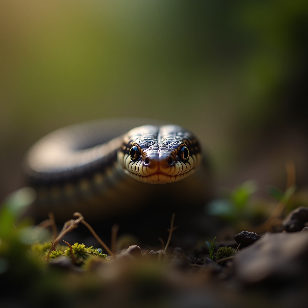 A photorealistic portrait of a Slow Worm in its natural habitat