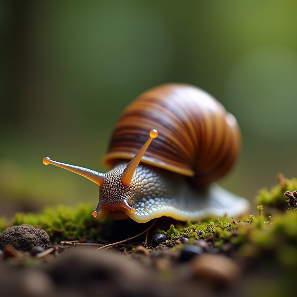 A photorealistic portrait of a Snail in its natural habitat