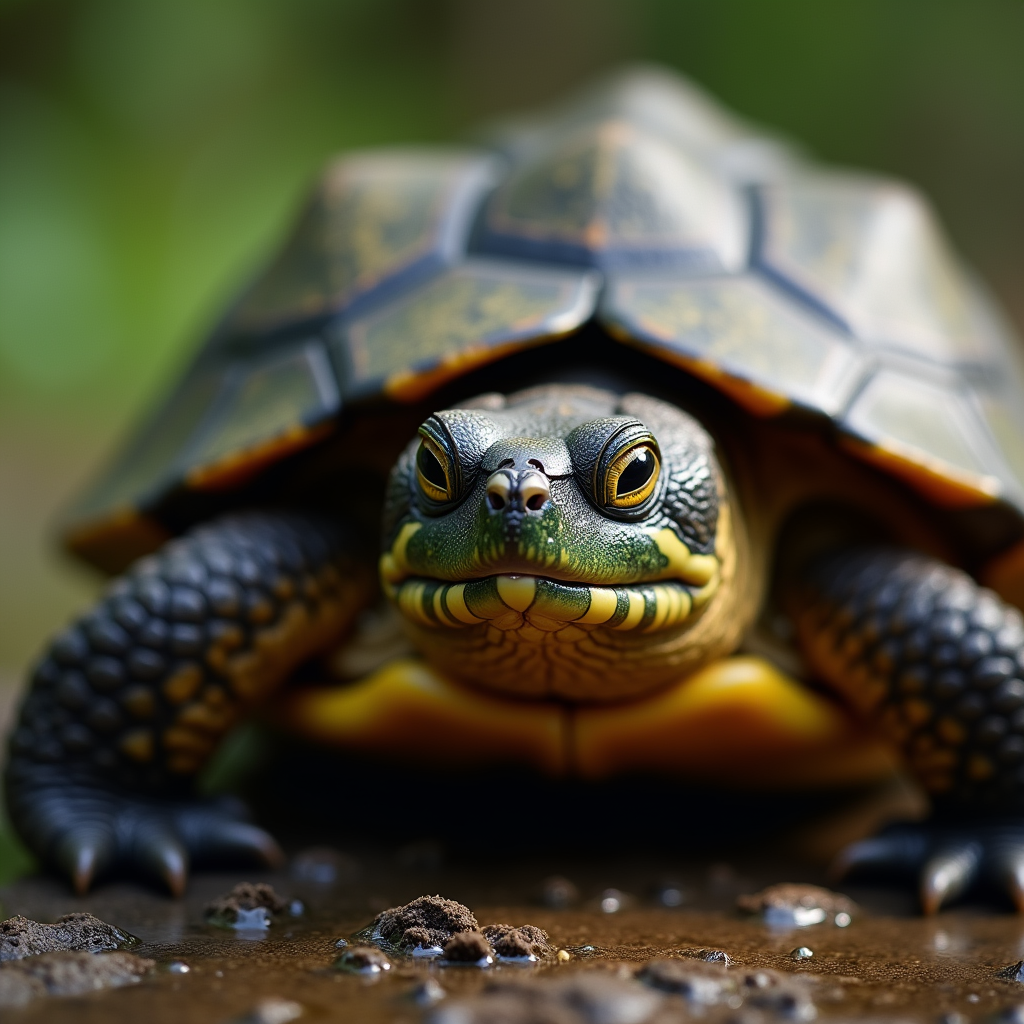 A photorealistic portrait of a Snapping Turtle in its natural habitat