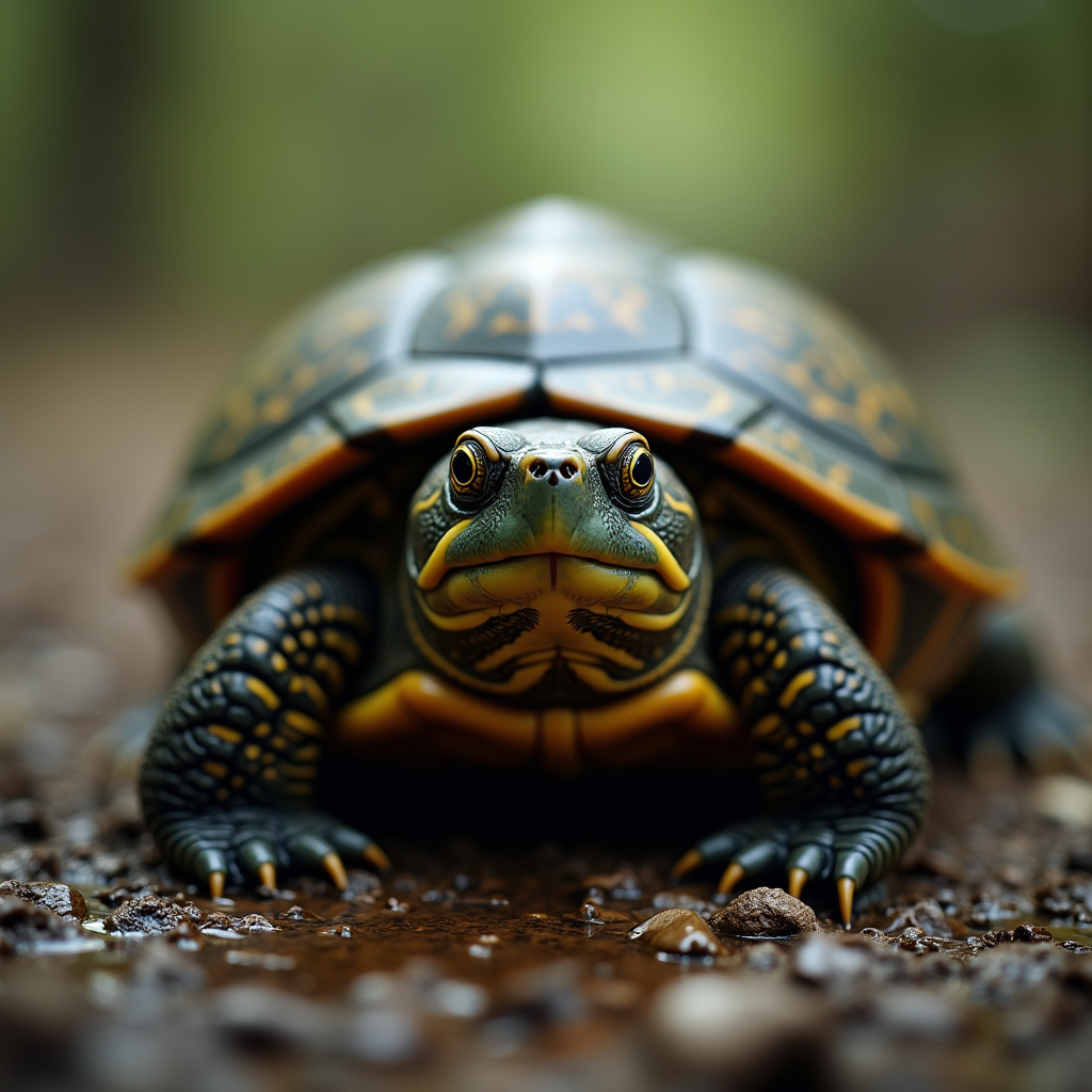 A photorealistic portrait of a Snapping Turtle in its natural habitat