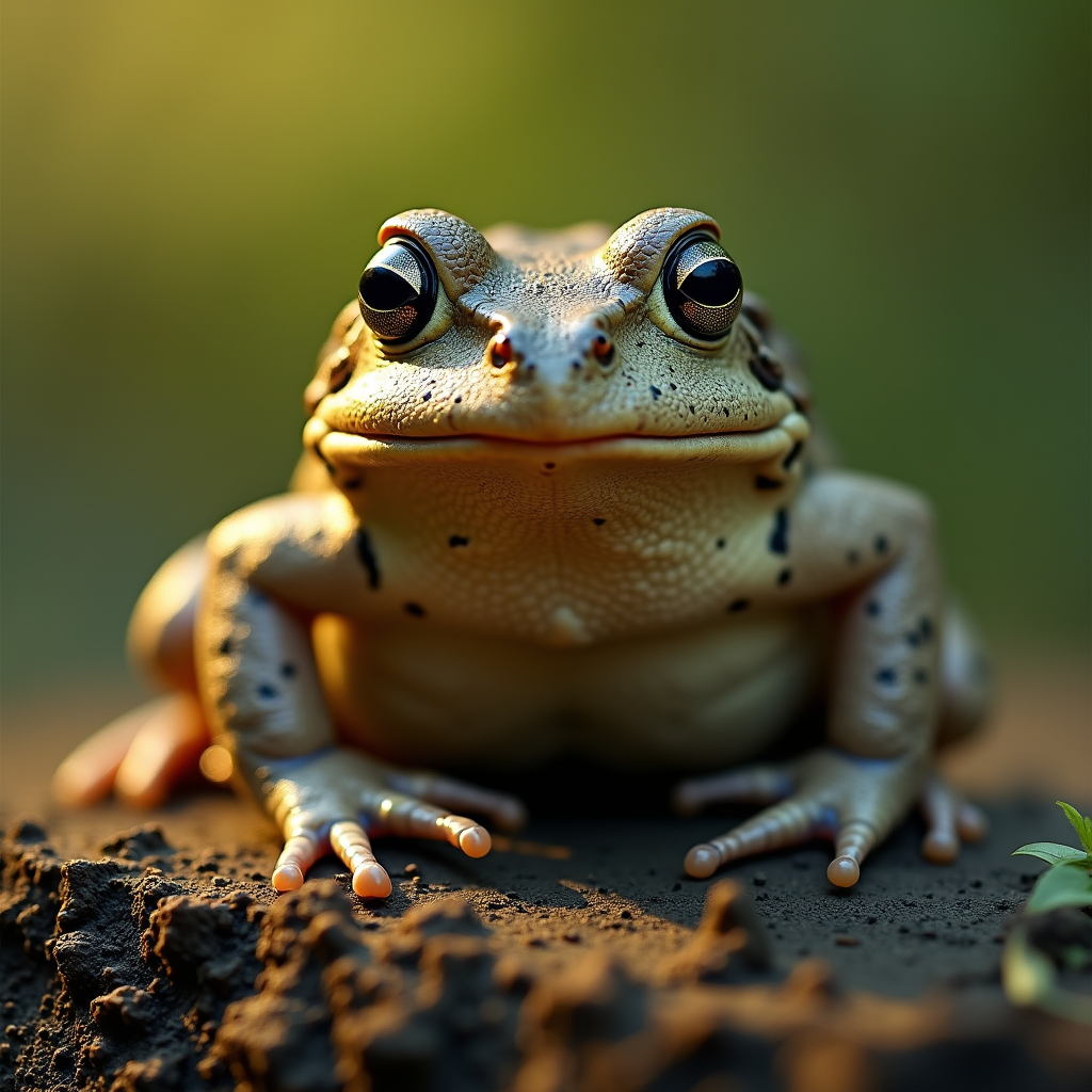 A photorealistic portrait of a Spadefoot Toad in its natural habitat