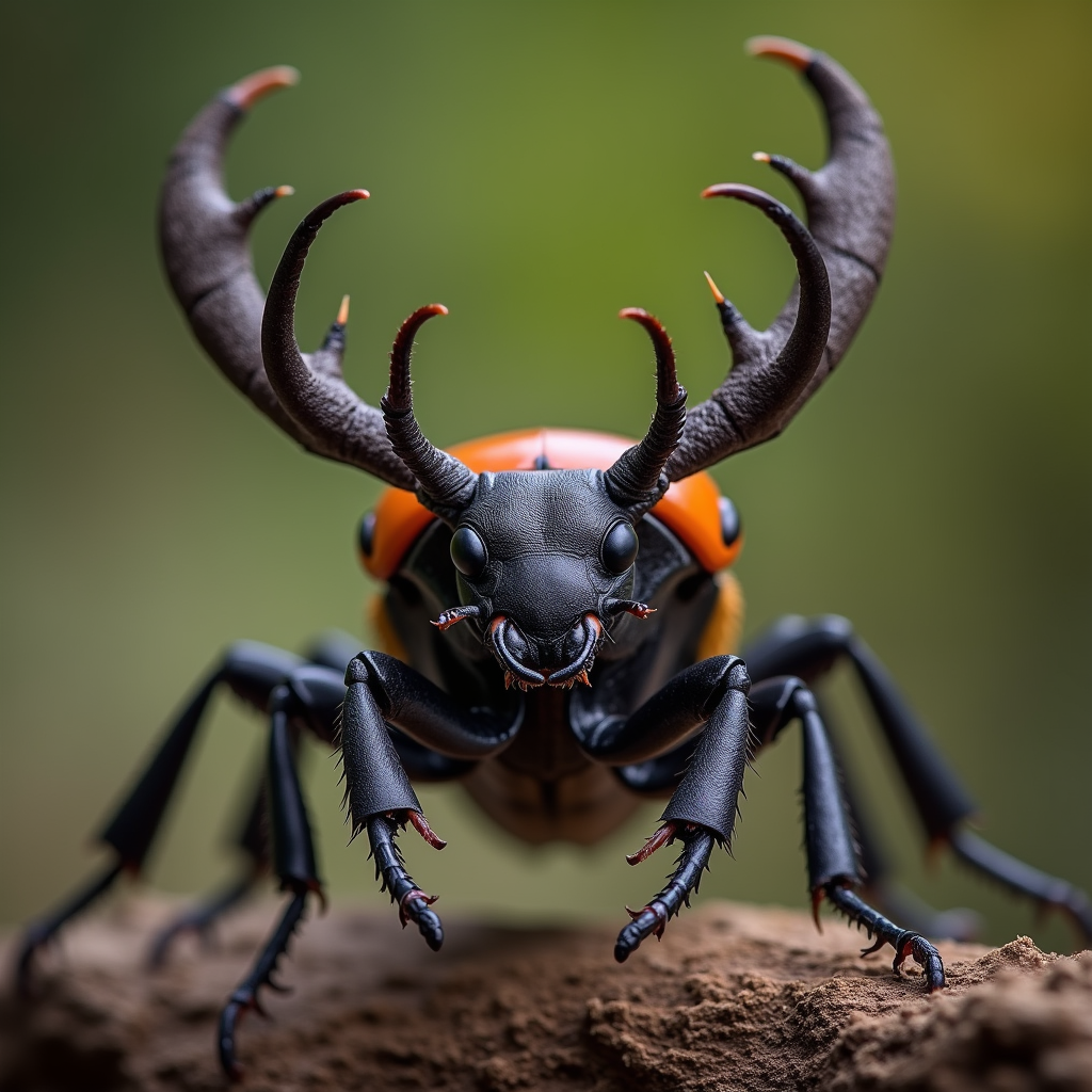 A photorealistic portrait of a Stag Beetle in its natural habitat