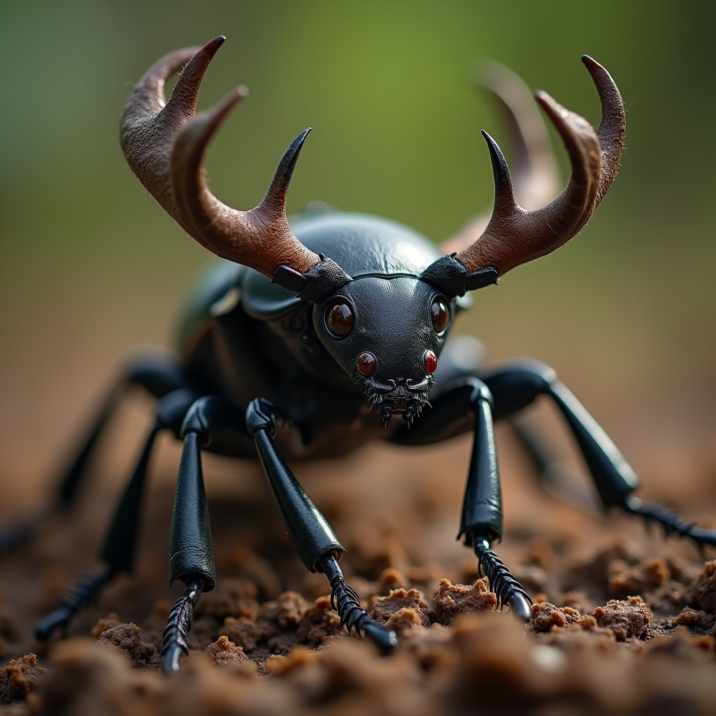 A photorealistic portrait of a Stag Beetle in its natural habitat