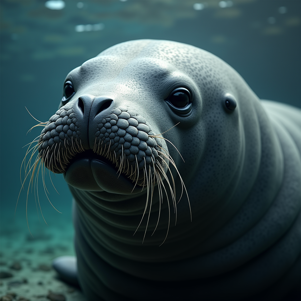 A photorealistic portrait of a Stellers Sea Cow in its natural habitat