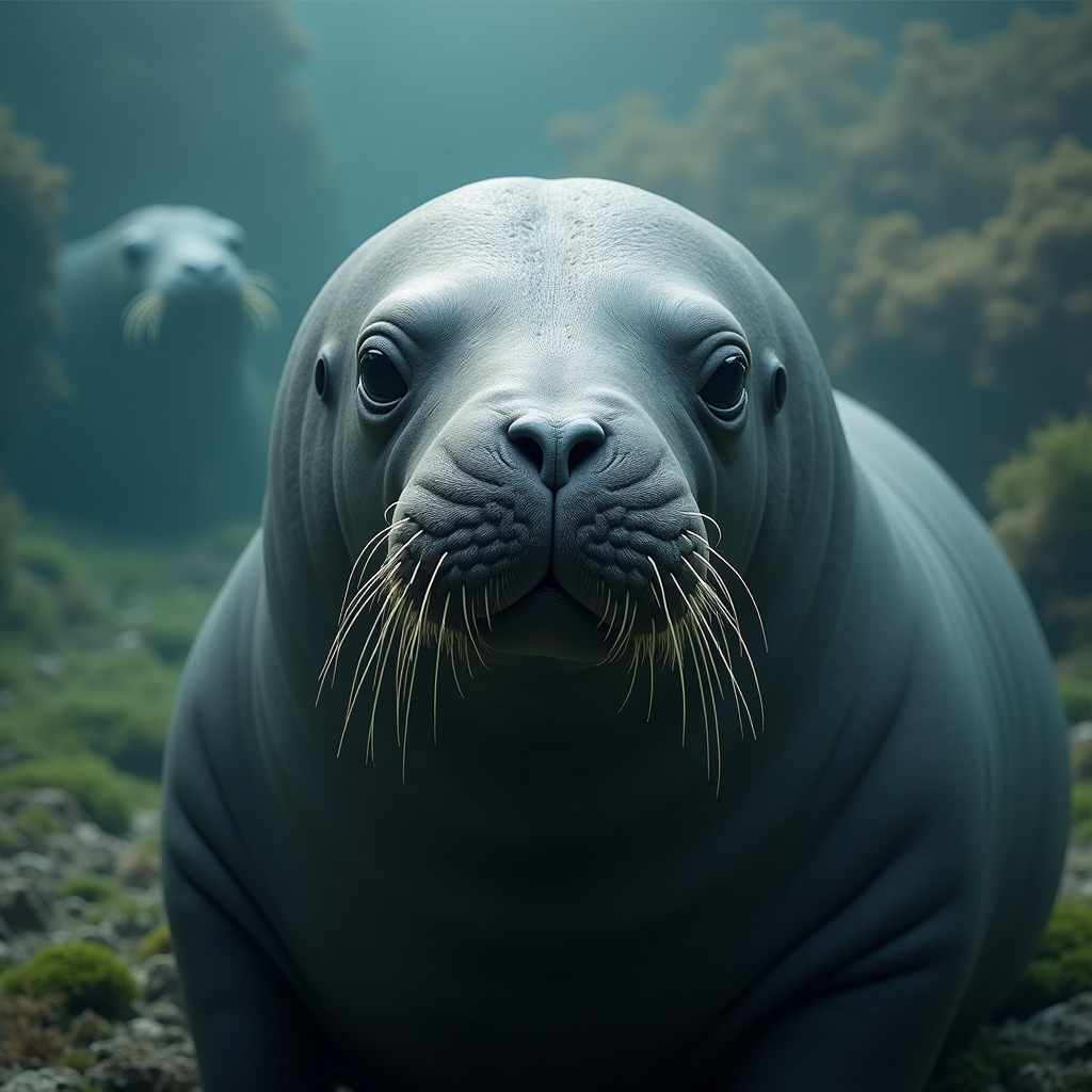 A photorealistic portrait of a Stellers Sea Cow in its natural habitat