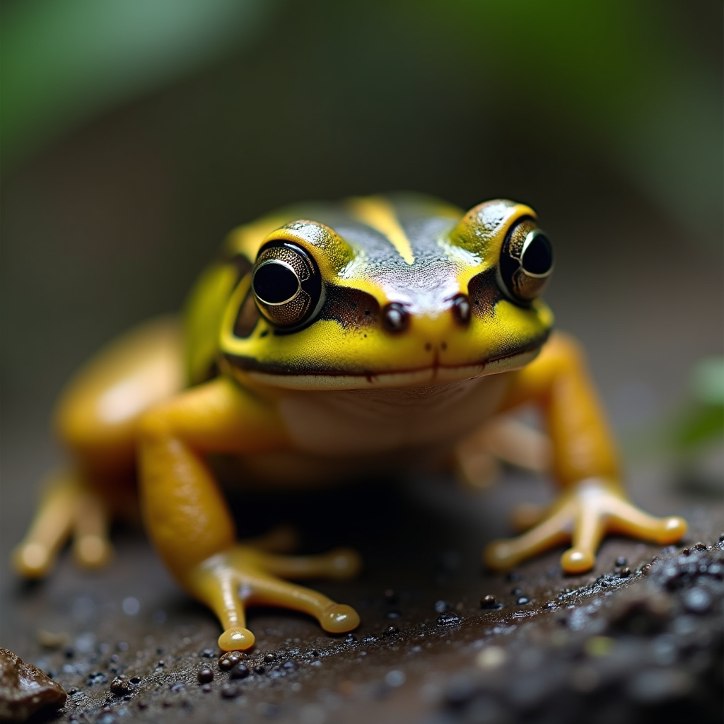 A photorealistic portrait of a Striped Rocket Frog in its natural habitat