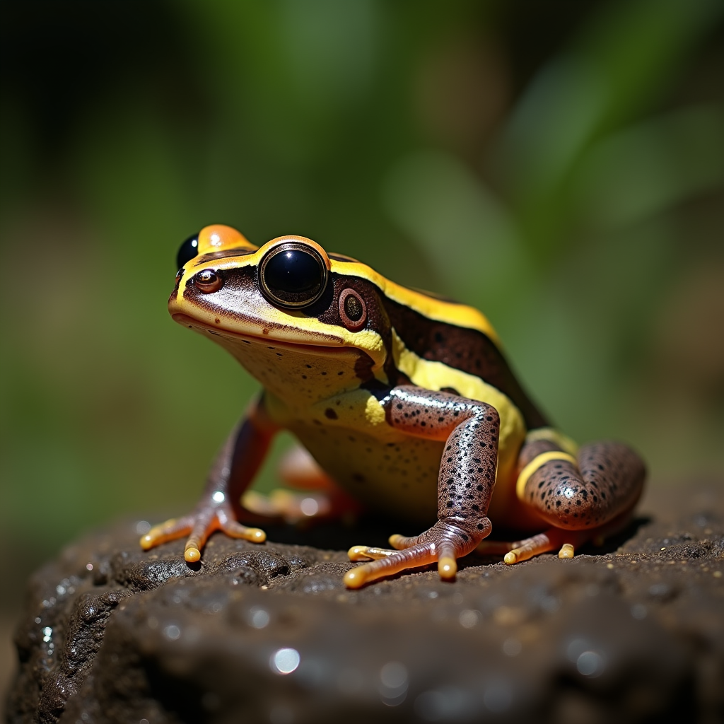 A photorealistic portrait of a Striped Rocket Frog in its natural habitat