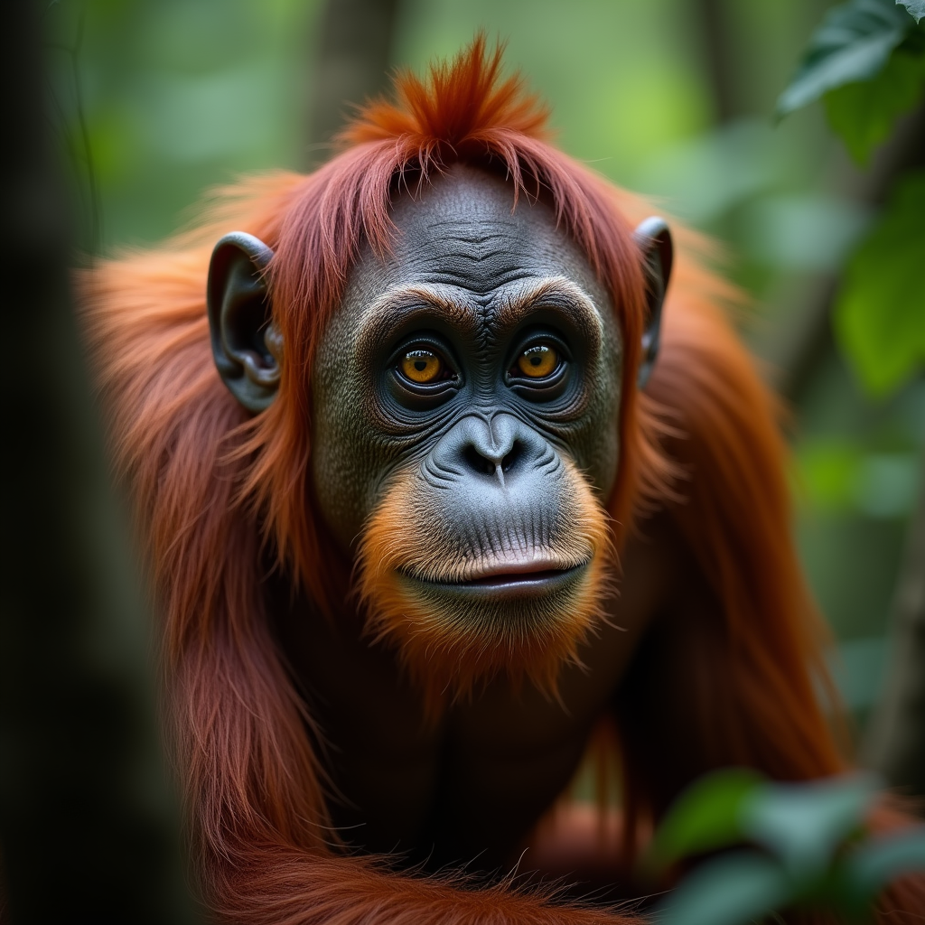 A photorealistic portrait of a Sumatran Orang-utan in its natural habitat