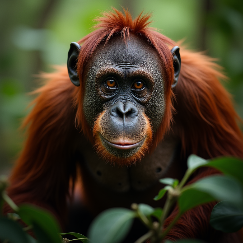 A photorealistic portrait of a Sumatran Orang-utan in its natural habitat