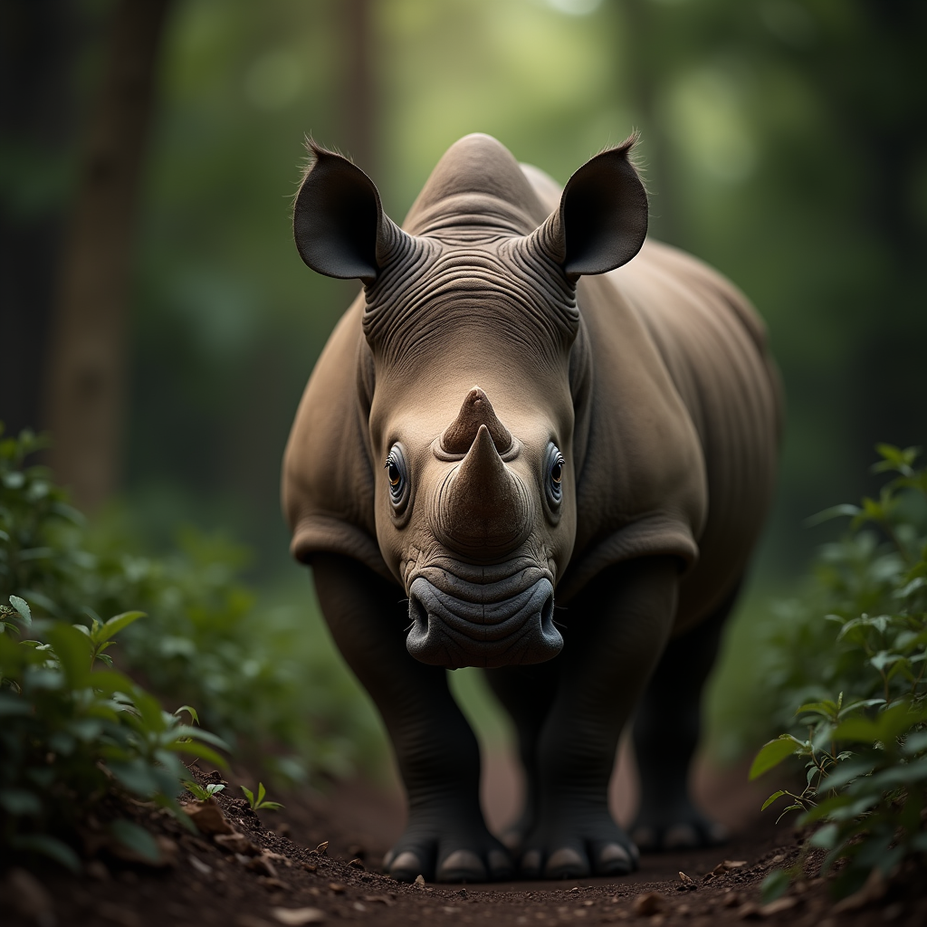 A photorealistic portrait of a Sumatran Rhinoceros in its natural habitat