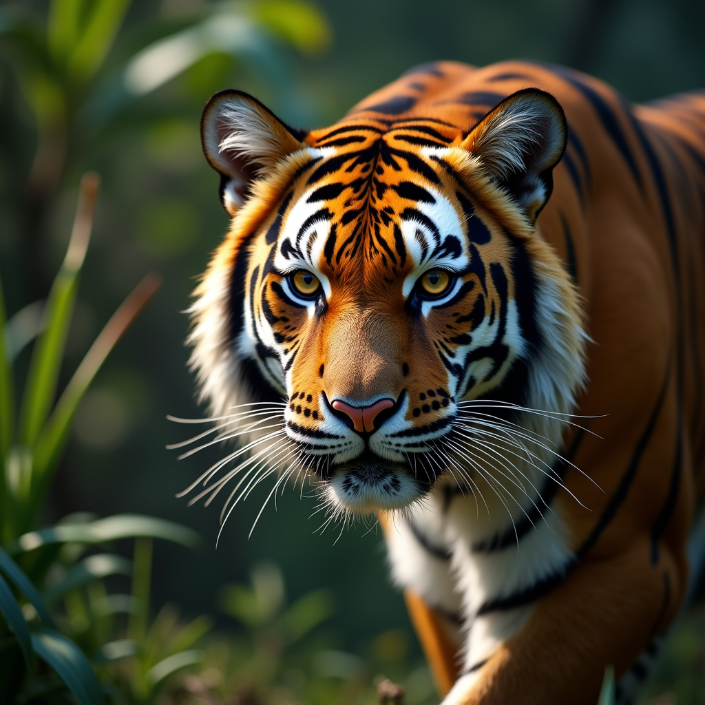 A photorealistic portrait of a Sumatran Tiger in its natural habitat
