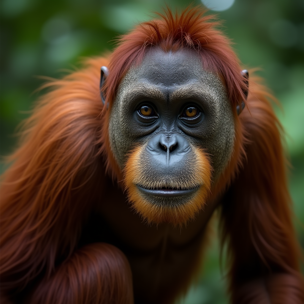A photorealistic portrait of a Tapanuli Orang-utan in its natural habitat