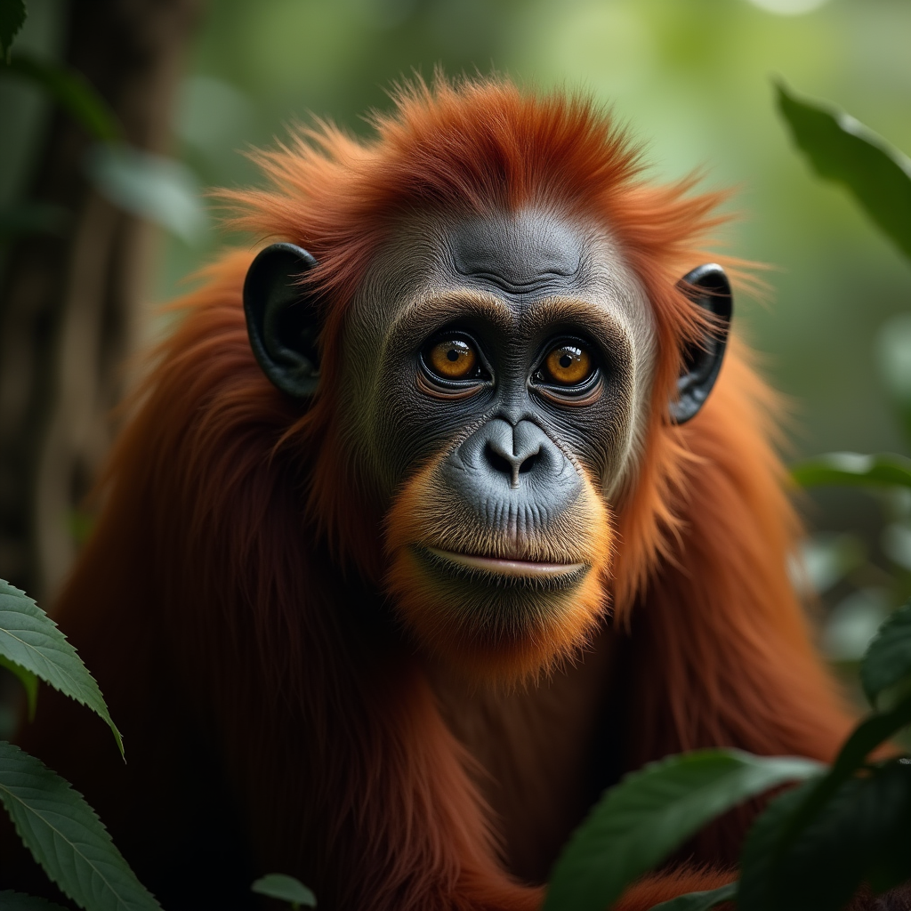 A photorealistic portrait of a Tapanuli Orang-utan in its natural habitat