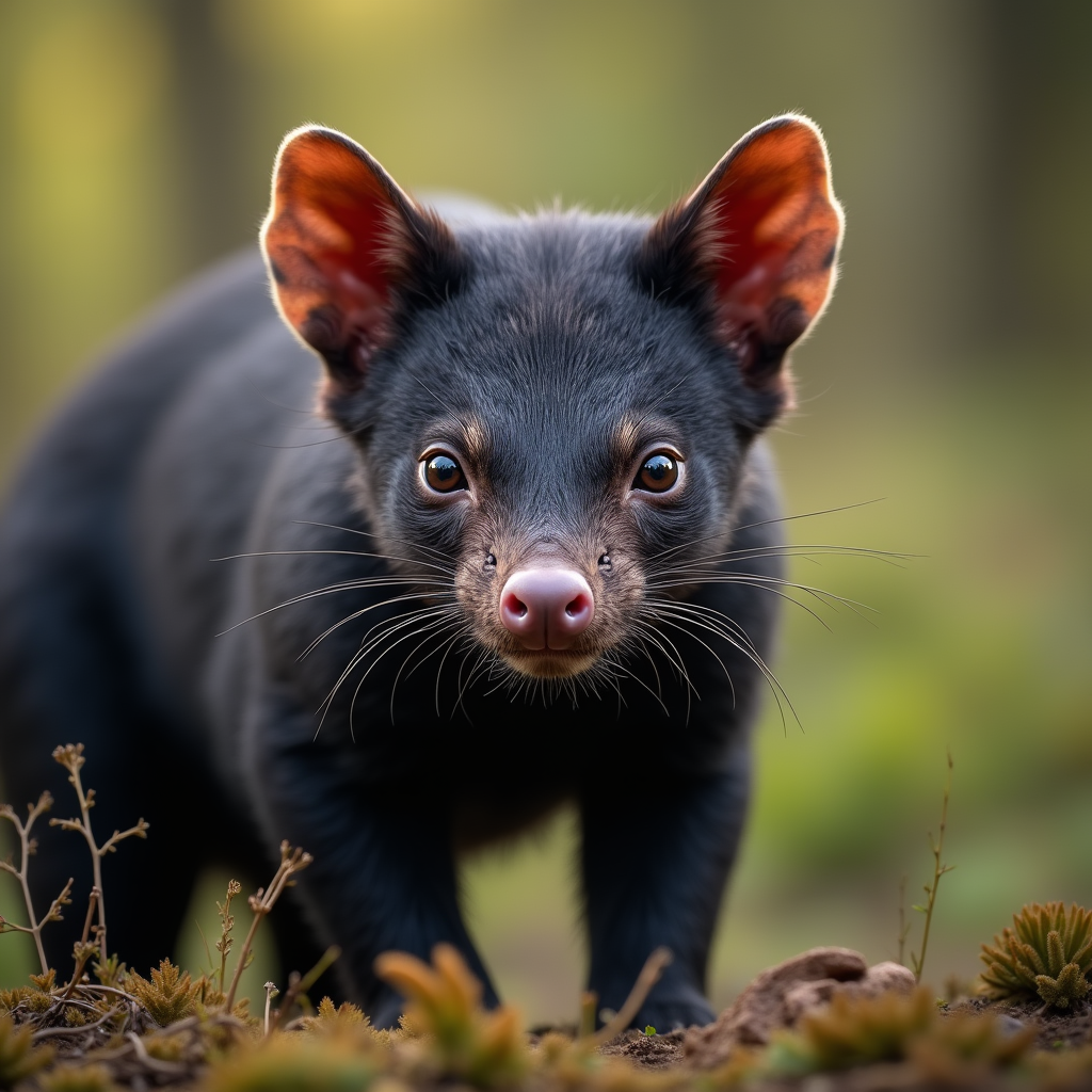 A photorealistic portrait of a Tasmanian Devil in its natural habitat