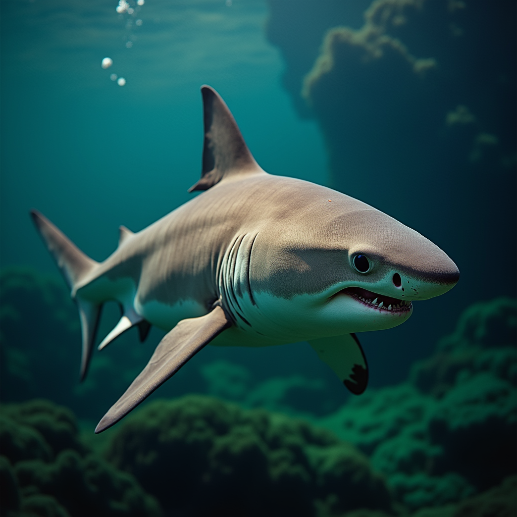 A photorealistic portrait of a Tiger Shark in its natural habitat