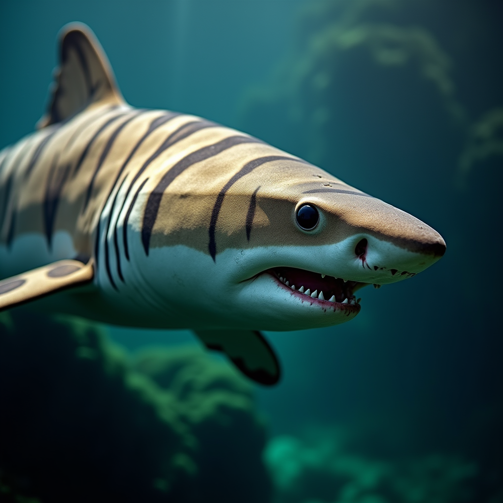 A photorealistic portrait of a Tiger Shark in its natural habitat