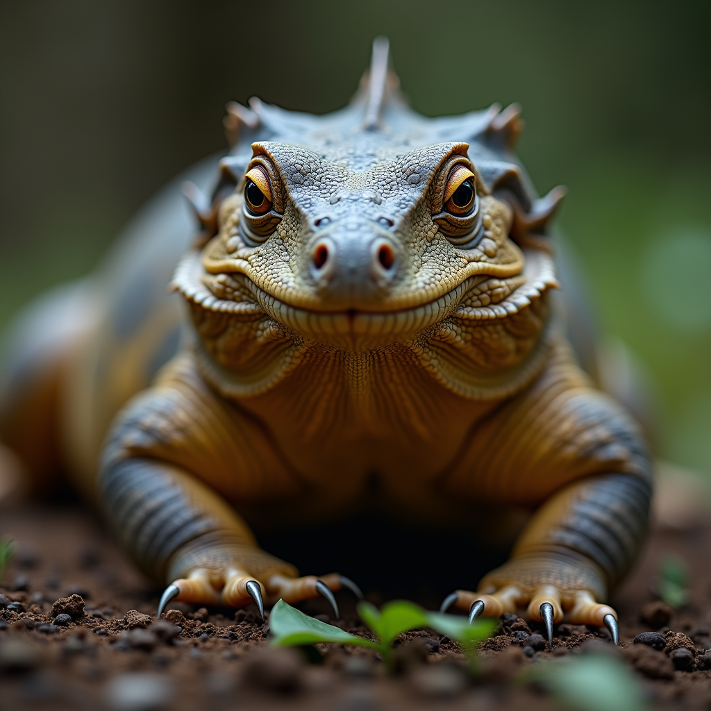 A photorealistic portrait of a Tuatara in its natural habitat