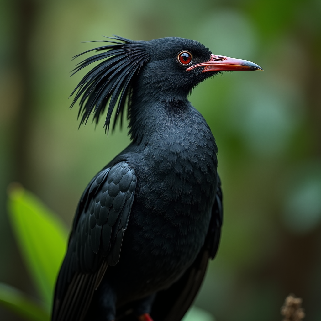 A photorealistic portrait of a Umbrellabird in its natural habitat